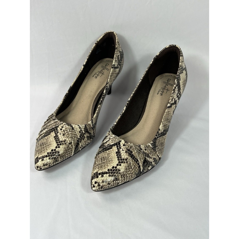 Clarks Women's Shoe Size 8.5 ‎ Taupe Snake Synthetic Linvale Crown Pumps New